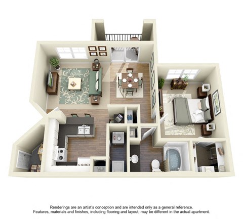Floor plan for 1 bed, 1 bath, 736 sqft